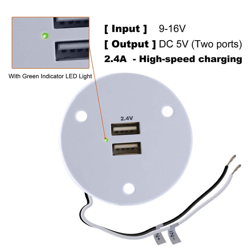 Facon 12V RV USB Charger Socket, 5V/2.4A Dual RV USB Outlet, Wall Mount RV USB Charging Port, for RV Trailer Camper Boat Marine Motorhome (White) - Image 1